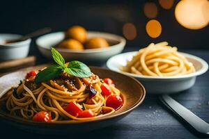 Spaghetti mit Tomate Soße und Fleischklößchen auf ein hölzern Tisch. KI-generiert foto