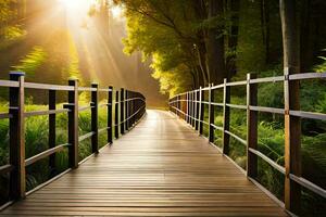 ein hölzern Brücke im das Wald mit Sonnenstrahlen leuchtenden durch. KI-generiert foto