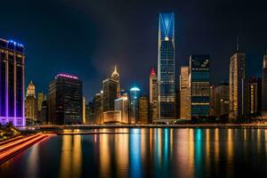 das Stadt Horizont beim Nacht mit Beleuchtung reflektieren aus das Wasser. KI-generiert foto