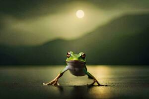 ein Frosch ist Stehen auf das Boden im Vorderseite von ein voll Mond. KI-generiert foto