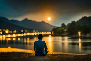 Mann Sitzung auf das Strand beim Nacht mit ein voll Mond im das Hintergrund. KI-generiert foto
