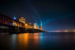 das Stadt Beleuchtung sind leuchtenden hell auf das Brücke. KI-generiert foto