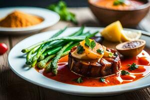 ein Teller von Essen mit Fleisch, Gemüse und Soße. KI-generiert foto