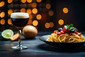 Spaghetti mit ein Glas von Wein. KI-generiert foto