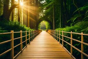 ein hölzern Brücke im das Wald mit das Sonne leuchtenden. KI-generiert foto