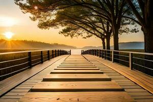 ein hölzern Brücke führt zu das Sonne. KI-generiert foto