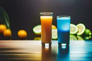 zwei Brille von Orange Saft und Blau Saft auf ein Tisch. KI-generiert foto