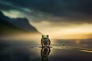 ein Frosch Stehen auf das Kante von ein See beim Sonnenuntergang. KI-generiert foto