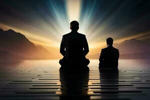 zwei Männer Sitzung im Meditation Pose auf ein See. KI-generiert foto
