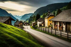 ein Straße im das Berge mit Häuser und Berge. KI-generiert foto