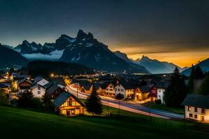 ein Stadt, Dorf im das Berge beim Dämmerung. KI-generiert foto