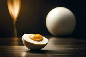 ein Ei ist Sitzung auf ein Tabelle mit ein Licht hinter Es. KI-generiert foto