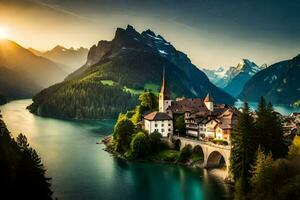 das Sonne setzt Über ein Berg Dorf im das Alpen. KI-generiert foto