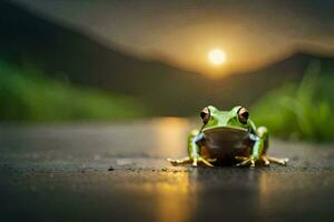 ein Frosch Sitzung auf das Boden im Vorderseite von ein Sonnenuntergang. KI-generiert foto