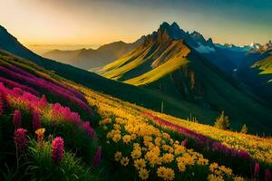 ein schön Berg Landschaft mit Blumen und Berge. KI-generiert foto