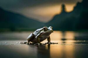 ein Frosch Sitzung auf das Boden im Vorderseite von ein See. KI-generiert foto