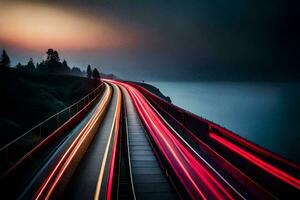 ein lange Exposition Foto von ein Autobahn mit Autos Fahren auf Es. KI-generiert