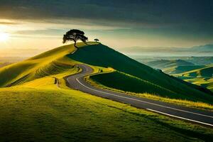 das Straße zu das Sonnenuntergang, Neu Neuseeland, Landschaft, hd Hintergrund. KI-generiert foto