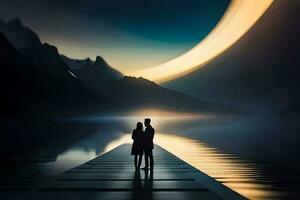 ein Paar Stehen auf ein Seebrücke suchen beim das Mond. KI-generiert foto