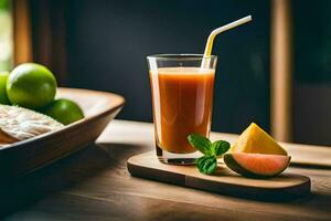 ein Glas von Orange Saft mit ein Stroh und ein Scheibe von Melone. KI-generiert foto