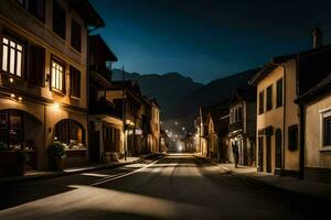 ein Straße beim Nacht im ein klein Stadt. KI-generiert foto