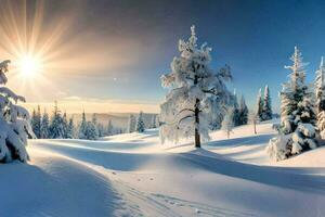 Schnee bedeckt Bäume und das Sonne leuchtenden im das Hintergrund. KI-generiert foto