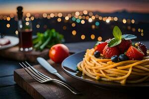 Pasta mit Beeren und Tomaten auf ein Platte. KI-generiert foto