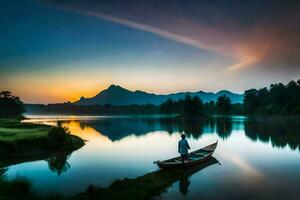 ein Mann im ein Boot auf ein See beim Sonnenuntergang. KI-generiert foto