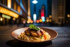 ein Teller von Spaghetti mit Fleisch und Soße auf ein Tabelle im ein Stadt. KI-generiert foto