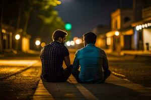 zwei Männer Sitzung auf das Bürgersteig beim Nacht. KI-generiert foto