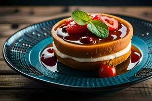 ein Dessert auf ein Teller mit Erdbeeren und Creme. KI-generiert foto