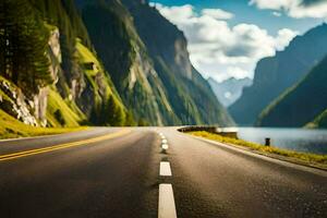 ein Straße mit Berge im das Hintergrund. KI-generiert foto