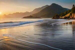 das Sonne setzt Über ein Strand und Berge. KI-generiert foto