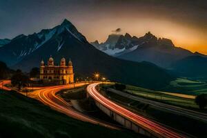 ein Kirche und Berge beim Sonnenuntergang. KI-generiert foto