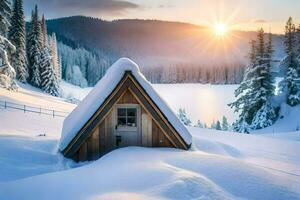 ein Kabine im das Schnee mit das Sonne Rahmen hinter Es. KI-generiert foto