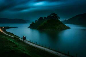 ein Paar Spaziergänge entlang ein Pfad im Vorderseite von ein See beim Nacht. KI-generiert foto