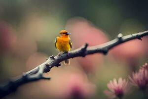 ein klein Orange Vogel ist thront auf ein Ast. KI-generiert foto