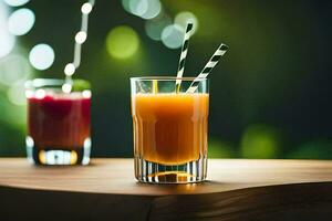 zwei Brille von Orange Saft mit Strohhalme. KI-generiert foto