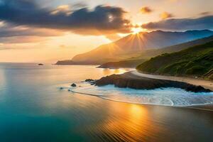 ein schön Sonnenuntergang Über das Ozean und Berge. KI-generiert foto