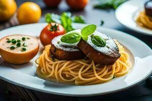 zwei Platten mit Spaghetti und Fleisch auf ihnen. KI-generiert foto