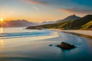 das Sonne setzt Über ein Strand und Berge. KI-generiert foto