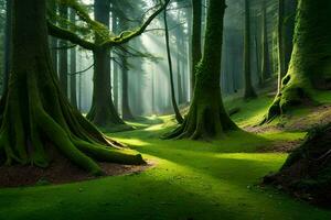 ein Wald mit Bäume und Grün Gras. KI-generiert foto