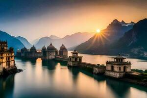 das Sonne steigt an Über ein Brücke im Indien. KI-generiert foto