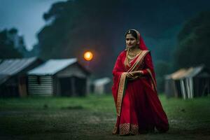 ein Frau im ein rot Sari Spaziergänge durch ein Feld. KI-generiert foto