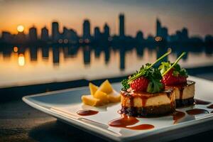 das Sonnenuntergang Aussicht von das Restaurant. KI-generiert foto