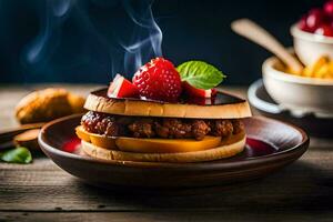 ein Hamburger mit Beeren und Rauch auf ein Platte. KI-generiert foto