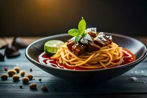 Spaghetti mit Fleisch und Tomate Soße im ein Schüssel. KI-generiert foto