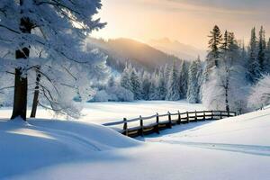 Winter Landschaft mit Schnee bedeckt Bäume und ein Brücke. KI-generiert foto