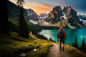 Mann Gehen auf Weg im Berge mit See und Berge. KI-generiert foto