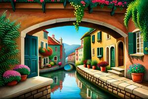 ein Gemälde von ein Kanal mit Blumen und Gebäude. KI-generiert foto